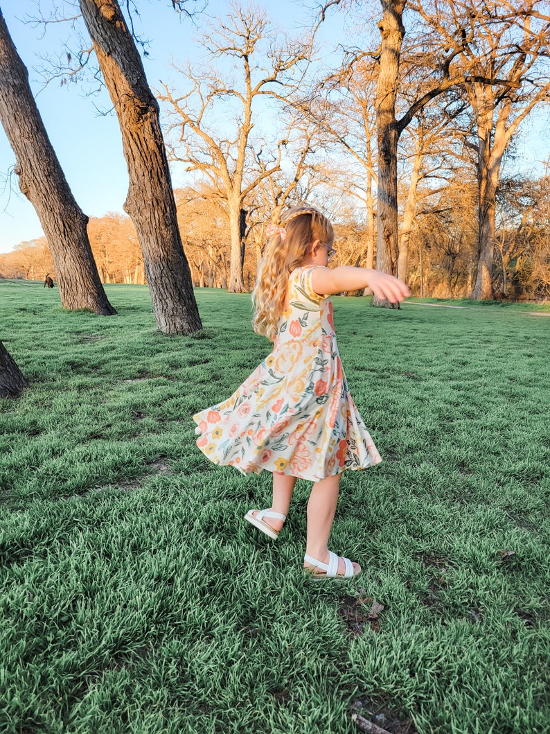 Organic Big Spring Floral Twirl Dress, Girls Floral Twirl Dress For Spring, Organic Cotton Coordinating Easter Twirl Dresses, Unique Dresses image 7