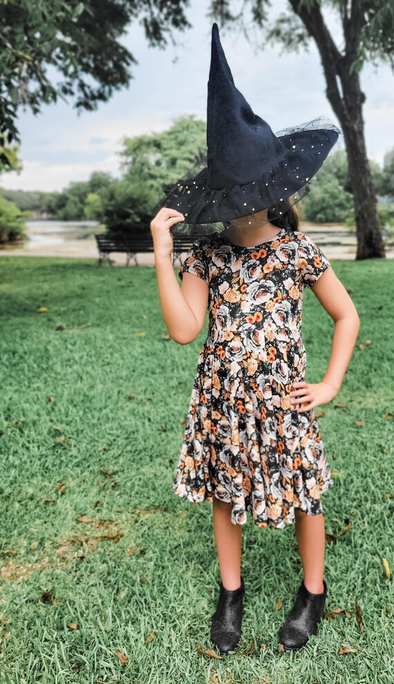 Organic Cotton Fall Floral Twirl Dress, Moody Halloween Dress