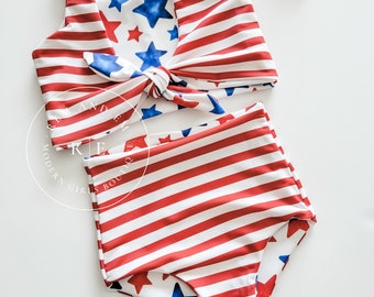 Red, White and Blue Girls Reversible Swimsuit, Patriotic Crop Top