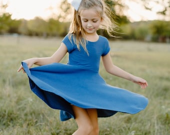 Dusty Blue Rib Knit Twirl Dress For Girls, Solid Color Twirl Dress For The Holidays, Spring Twirl Dress, Fall Family Photos Dress For Girls