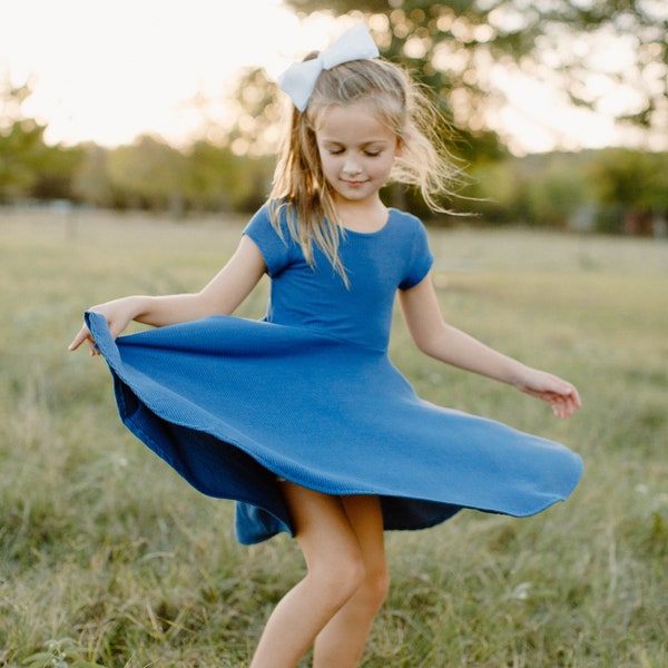 Dusty Blue Rib Knit Twirl Dress For Girls, Solid Color Twirl Dress For The Holidays, Spring Twirl Dress, Fall Family Photos Dress For Girls