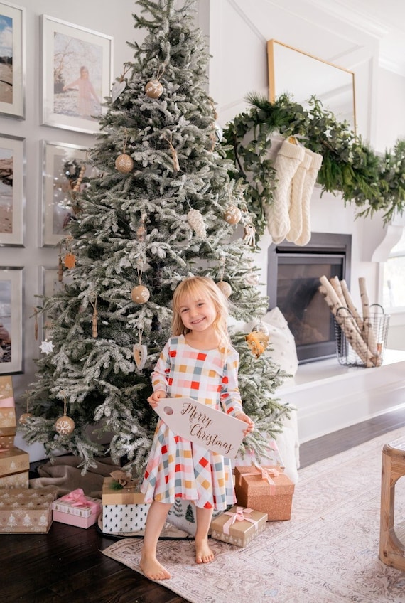 white christmas dresses Christmas Time Smocked Bishop Dress – Girls Green Gingham Holiday Outfit 5 main image 1