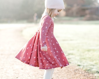 Love Day Twirl Dress In A Rich Brown With Tiny Flowers, Modern Valentine&#39;s Day Twirl Dress, Coordinating Sibling Love Day Twirl Dresses