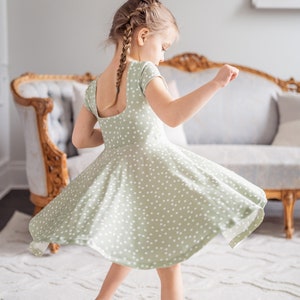 Organic Cotton Sage Green Polka Dot Twirl Dress, Girls Spring Polka Dot Dress, Easter Dress In Sage Green, Coordinating Twirl Dresses