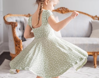 Organic Cotton Sage Green Polka Dot Twirl Dress, Girls Spring Polka Dot Dress, Easter Dress In Sage Green, Coordinating Twirl Dresses