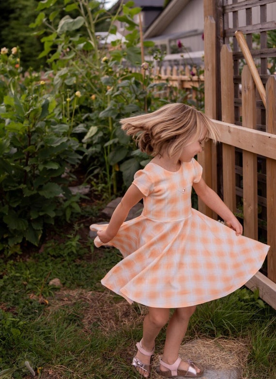 cotton twirl dress Girls Peach Plaid Organic Cotton Twirl Dress