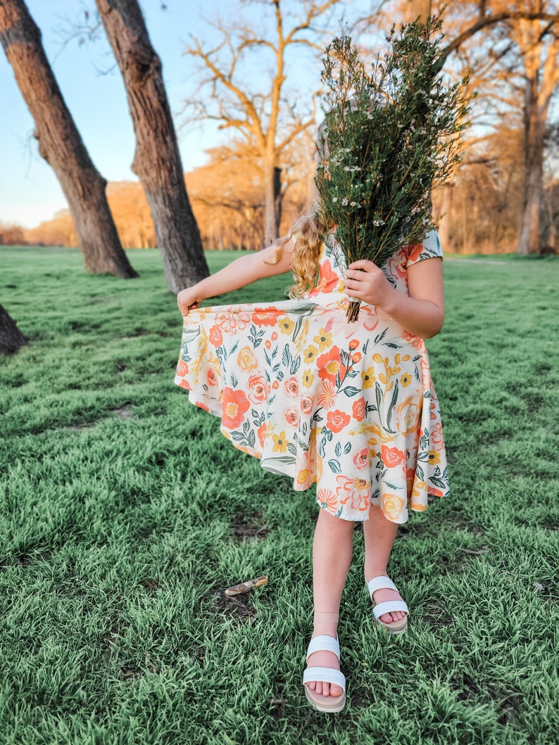 Organic Big Spring Floral Twirl Dress, Girls Floral Twirl Dress For Spring, Organic Cotton Coordinating Easter Twirl Dresses, Unique Dresses image 3