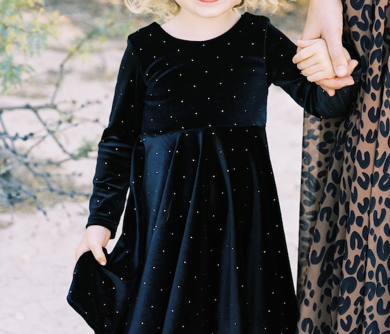 Black Velvet Girls Modern Twirl Dress Black Stretch Velvet and Gold Dots Toddler Twirly Dress Unique Girls Dress Girls Holiday Dress Etsy Canada