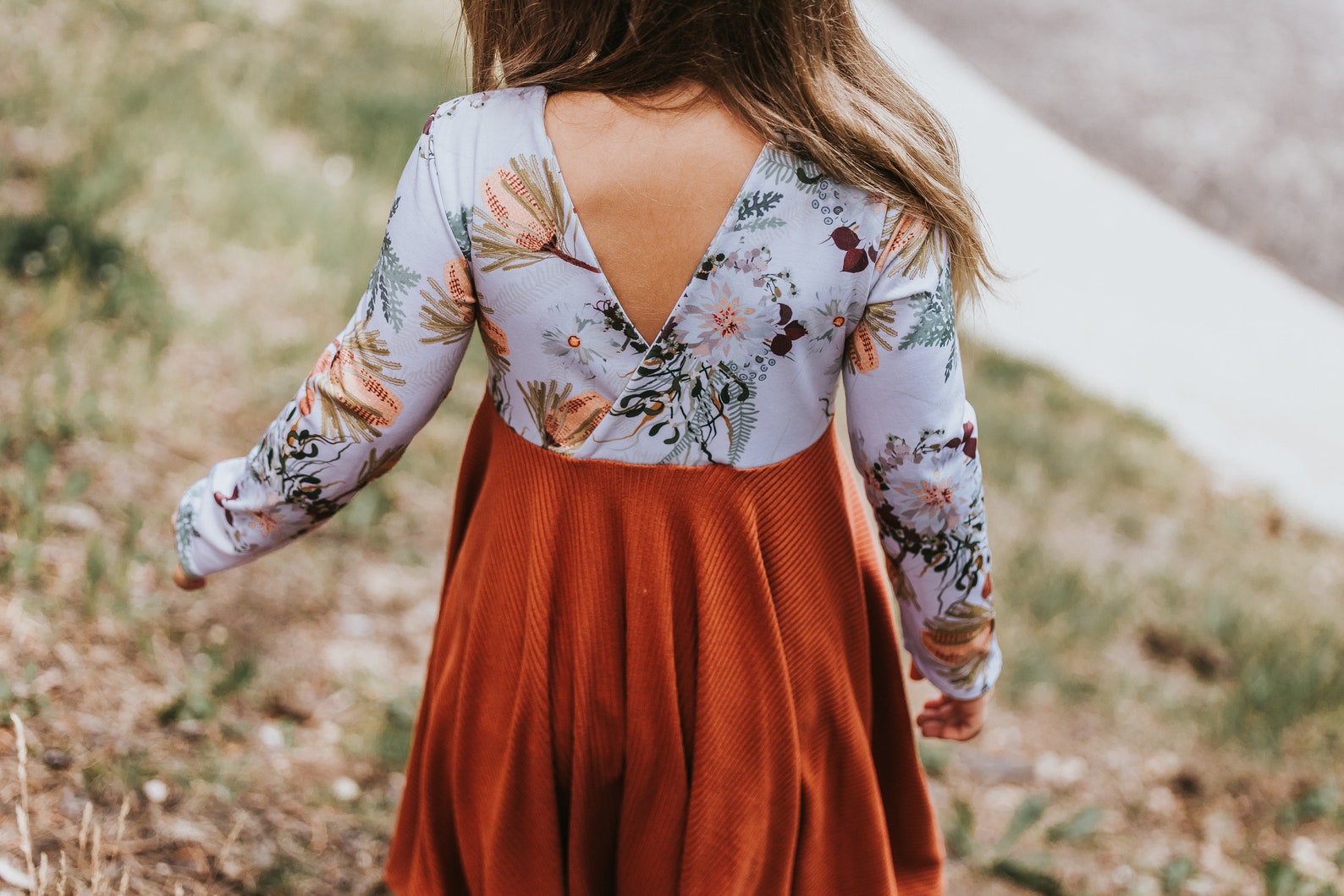 Girls Burnt Orange and Boho Floral Twirl Dress, Fall Family Photos Dress For Girls, Modern Twirly Dress, Unique Girls Dresses, Toddler Dress