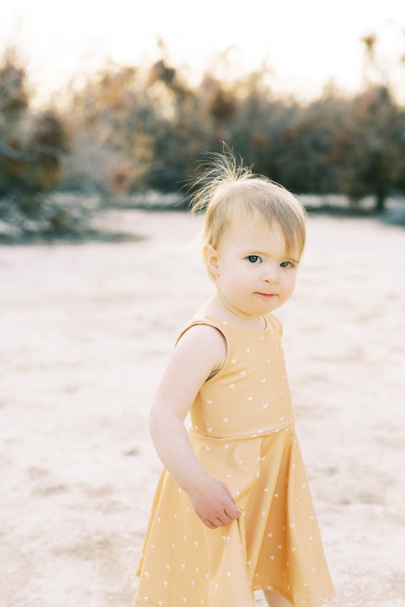 mustard yellow girls dress Mustard Hearts Toddler Twirl Dress, Square Back Girls Dress