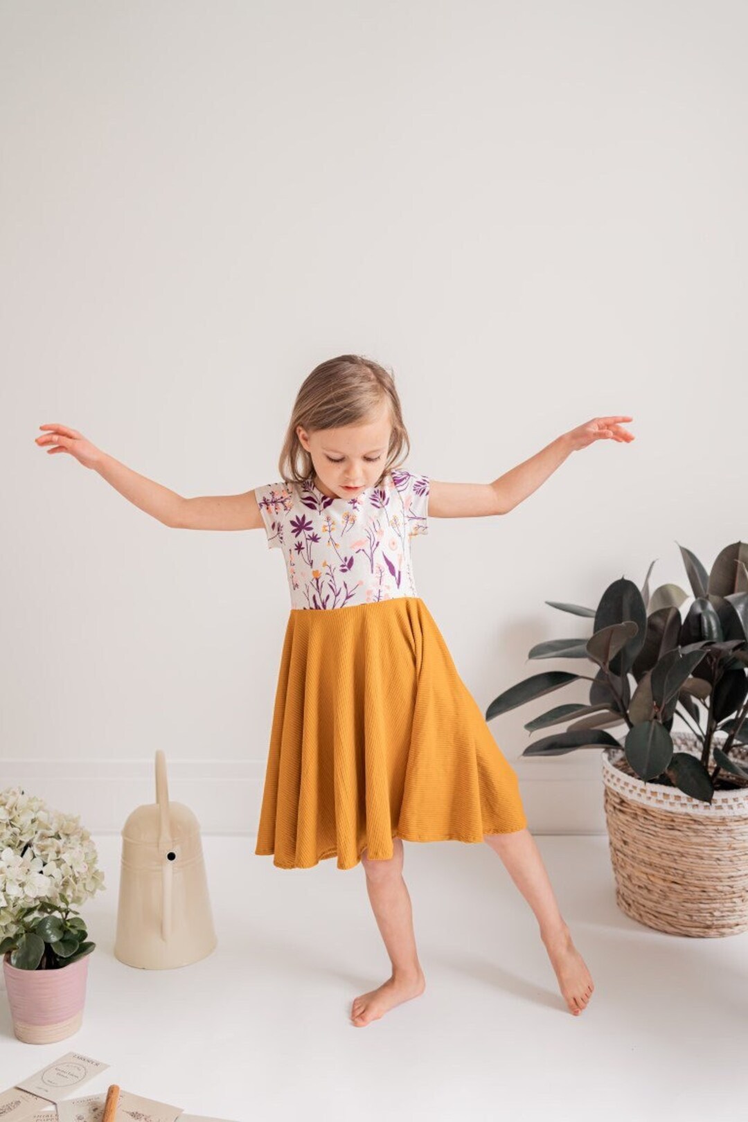 Wildflowers and Mustard Twirl Dress for Spring, Girls Wildflower