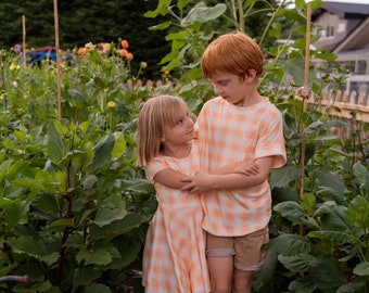 Boys Organic Cotton Dolman in Peach Plaid, Fall Family Photos Dolman For Boys, Coordinating Sibling Outfits, Plaid Dolman T-Shirt For Boys