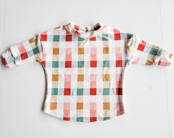 Boys Dolman T-Shirt In Bright Gingham, Red and Green Gingham Dolman For Boys, Coordinating Sibling Holiday Outfits, Christmas Tops For Boys