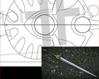 May include: A line drawing of a sword with a large, ornate hilt. The hilt is shaped like a cross with a circle in the center. The sword is lying on a bed of green grass.