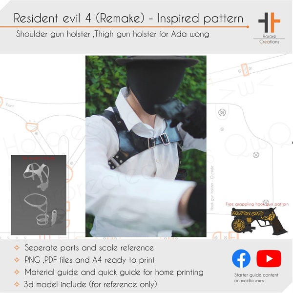 Funda de pistola y pistola de gancho para cosplay de Ada Wong - Resident evil 4 (Remake) / Patrón y plantilla de cosplay