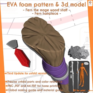 May include: A 3D model of a wooden staff with a purple band, along with a pattern for creating the staff using EVA foam. The image also includes a 3D model of a character holding the staff, and a close-up of a decorative element for the staff. The text "Fern the mage wood staff" is visible in the image.
