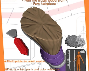 May include: An illustration of a 3D model and EVA foam pattern for a mage staff and hairpiece. The image features a brown staff head, a red crystal, and a silver hairpiece. Text includes "EVA foam pattern & 3d model".