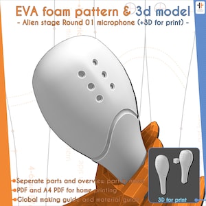 Könnte beinhalten: Ein 3D-Modell eines Alien Stage Round 01 Mikrofons, entworfen für ein EVA-Schaummuster. Das Bild zeigt einen weißen, abgerundeten Mikrofonkopf mit mehreren kleinen Löchern. Der Text "EVA foam pattern & 3d model" ist oben zu sehen.
