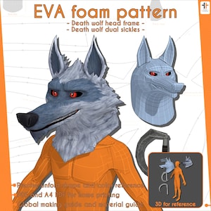 Puede incluir: Un patrón de espuma EVA para un marco de cabeza de lobo de la muerte y hoces dobles. La imagen muestra un modelo 3D de la cabeza de lobo con ojos rojos y una versión de estructura alámbrica. El texto incluye "Referencia precisa de forma y color" y "3D para referencia".