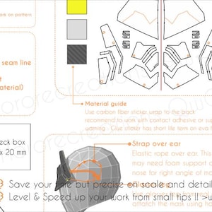 May include: A detailed diagram with instructions for assembling a mask, featuring various shapes and lines. Includes a material guide, check box (20 x 20 mm), and text about precise scale and detail. The image also shows a 3D model of the mask.