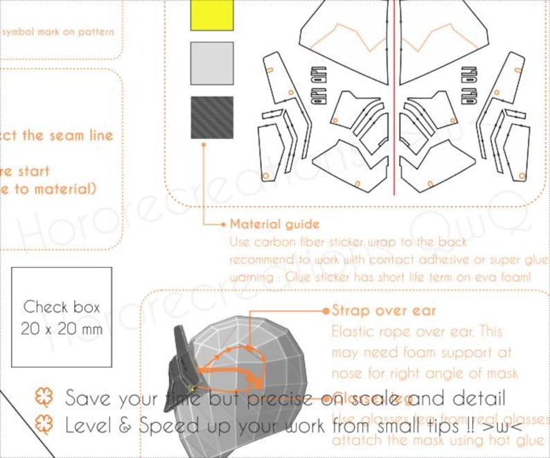 May include: A detailed diagram with instructions for assembling a mask, featuring various shapes and lines. Includes a material guide, check box (20 x 20 mm), and text about precise scale and detail. The image also shows a 3D model of the mask.
