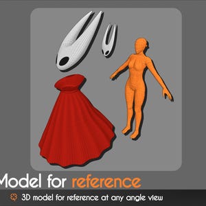 May include: A 3D model for reference featuring a red cape, a stylized orange figure, and two white and black headpieces. The text "Model for reference" is displayed at the bottom, along with "3D model for reference at any angle view".