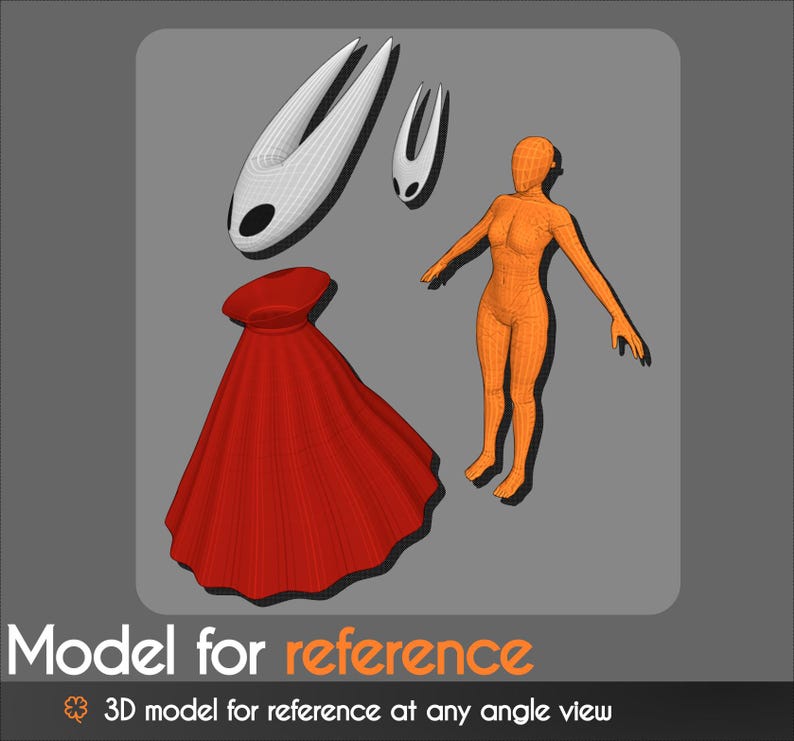 May include: A 3D model for reference featuring a red cape, a stylized orange figure, and two white and black headpieces. The text "Model for reference" is displayed at the bottom, along with "3D model for reference at any angle view".