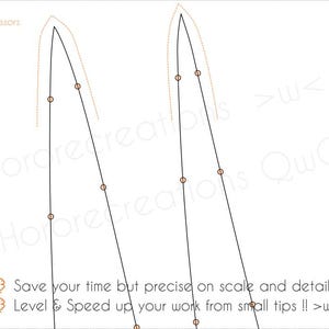 May include: A digital illustration with two curved black lines, dotted lines, and small circles. Text includes "use scissors," "Save your time but precise on scale and detail," and "Level & Speed up your work from small tips !! >w<."