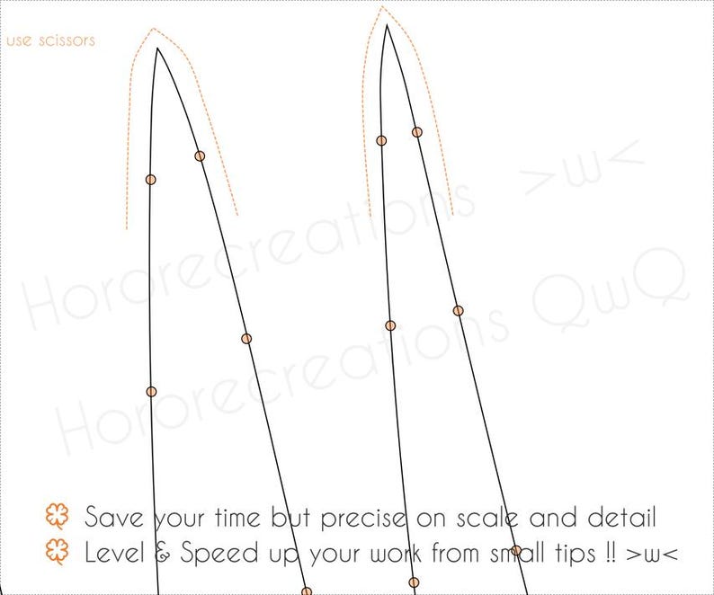 May include: A digital illustration with two curved black lines, dotted lines, and small circles. Text includes "use scissors," "Save your time but precise on scale and detail," and "Level & Speed up your work from small tips !! >w<."
