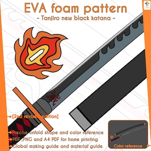 Puede incluir: Ilustración de una katana negra con una hoja gris y un mango negro. La imagen incluye un gráfico de llama y el texto "EVA foam pattern - Tanjiro new black katana -." Texto adicional indica una edición revisada y referencia de color.