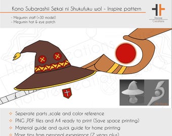 Megumin staff ,Witch hat ,Eye patch - Kono Subarashii Sekai ni Shukufuku wo! | Cosplay pattern&template
