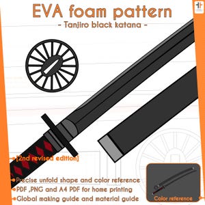Könnte beinhalten: Eine Illustration eines schwarzen Katana, eines japanischen Schwertes, mit einem rot-schwarzen Griff. Das Bild enthält ein kreisförmiges Design und den Text "EVA foam pattern - Tanjiro black katana - [2nd revised edition]" und "Color reference".