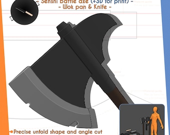 Senshi the dwarf Battle axe, Wok pan and knife | Inspire cosplay pattern template & 3D print
