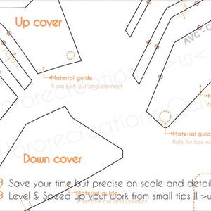 May include: A detailed diagram with black lines and orange text, labeled "Up cover" and "Down cover." Text includes "Material guide" and measurements in millimeters. The diagram also features the text "Save your time but precise on scale and detail."