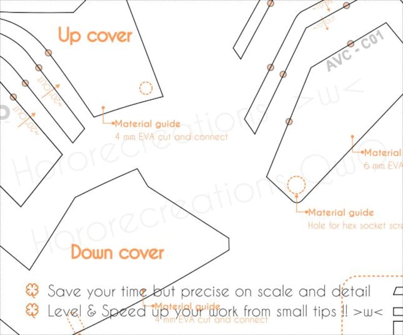 May include: A detailed diagram with black lines and orange text, labeled "Up cover" and "Down cover." Text includes "Material guide" and measurements in millimeters. The diagram also features the text "Save your time but precise on scale and detail."