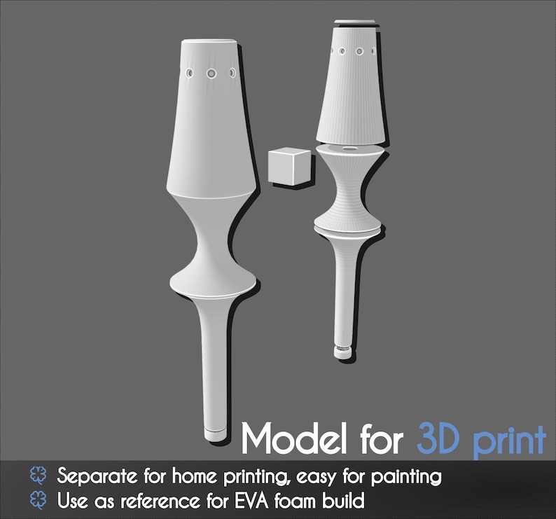 Puede incluir: Modelo 3D de una l&aacute;mpara blanca estilizada, con una pantalla c&oacute;nica y una base larga y delgada. La imagen incluye un cubo separado y el texto "Model for 3D print". Dise&ntilde;ado para impresi&oacute;n dom&eacute;stica y construcciones de espuma EVA.