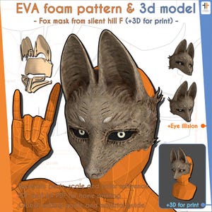 Puede incluir: Ilustración detallada de una máscara de zorro de Silent Hill F, diseñada para impresión 3D y patrones de espuma EVA. La máscara es gris con detalles blancos y orejas grandes y puntiagudas. La imagen incluye un gesto con la mano y el texto "EVA foam pattern & 3d model".