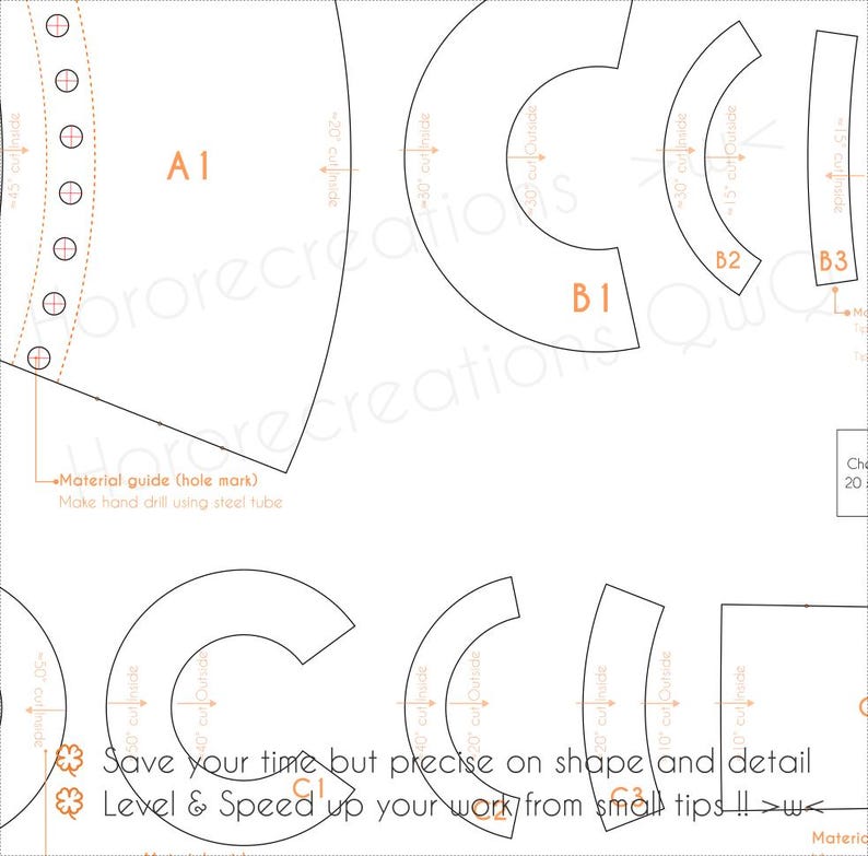 Puede incluir: Una hoja de patrones detallada con varias formas curvas y angulares etiquetadas A1, B1, B2, B3, C1 y C3. La hoja incluye l&iacute;neas punteadas, texto y medidas para cortar y ensamblar. El texto en la hoja dice: "Ahorra tiempo pero preciso en forma y detalle."