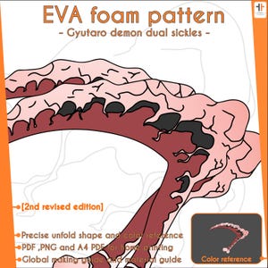 Può includere: Un design a motivo in schiuma EVA per le doppie falci del demone Gyutaro. L'immagine presenta un'illustrazione dettagliata con un riferimento colore, forma precisa e riferimenti colore. Il design include il testo "EVA foam pattern - Gyutaro demon dual sickles - [2nd revised edition]"