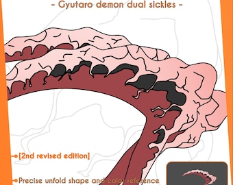 Puede incluir: Un diseño de patrón de espuma EVA para las guadañas dobles del demonio Gyutaro. La imagen presenta una ilustración detallada con una referencia de color, forma precisa y referencias de color. El diseño incluye el texto "EVA foam pattern - Gyutaro demon dual sickles - [2nd revised edition]"