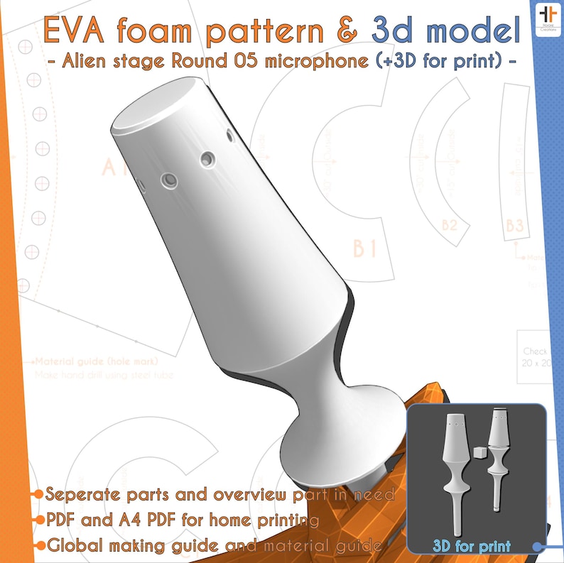 Puede incluir: Modelo 3D de un micr&oacute;fono blanco con base redondeada y cuerpo cil&iacute;ndrico. La imagen incluye el texto "EVA foam pattern & 3d model - Alien stage Round 05 microphone (+3D for print)". Texto adicional indica la disponibilidad de archivos PDF y A4 PDF.