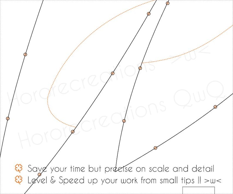 May include: A digital design with black lines and orange dots on a white background. The text reads "Save your time but precise on scale and detail" and "Level & Speed up your work from small tips !! >w<."