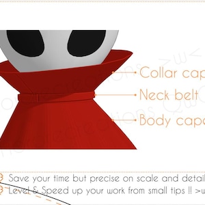 May include: A red collar cape, neck belt, and body cape are shown in this image. The text on the image says "Collar cape", "Neck belt", and "Body cape". The image also includes the text "Save your time but precise on scale and detail" and "Level & Speed up your work from small tips !! >w<"