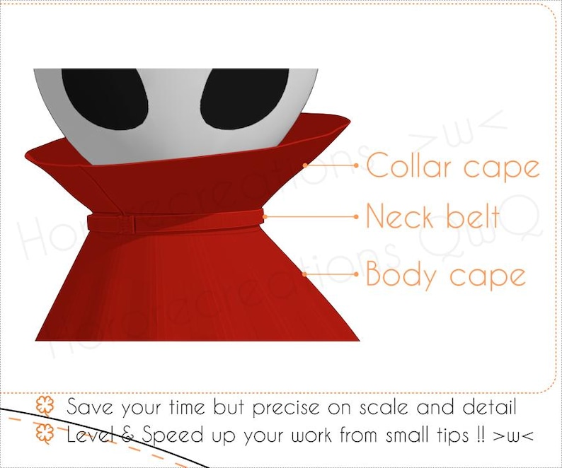 May include: A red collar cape, neck belt, and body cape are shown in this image. The text on the image says "Collar cape", "Neck belt", and "Body cape". The image also includes the text "Save your time but precise on scale and detail" and "Level & Speed up your work from small tips !! >w<"
