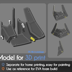 May include: A 3D model for printing, featuring several dark gray pieces with yellow and white accents. The image includes the text "Model for 3D print" and instructions for home printing and EVA foam builds.