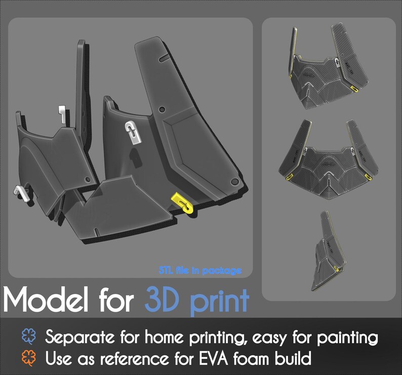 May include: A 3D model for printing, featuring several dark gray pieces with yellow and white accents. The image includes the text "Model for 3D print" and instructions for home printing and EVA foam builds.