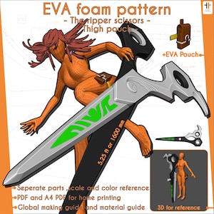 May include: An illustration of a large, stylized pair of scissors with a green and silver blade, labeled "The ripper scissors." The image includes a diagram of a thigh pouch and text that reads "EVA foam pattern." The scissors are approximately 5.25 feet (1600 mm) long.