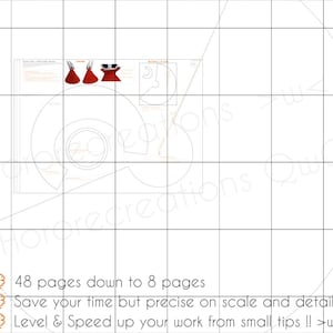 May include: A digital design template with illustrations of red figures and a crescent moon shape. Text includes "48 pages down to 8 pages" and "Save your time but precise on scale and detail". The design is on a grid background.