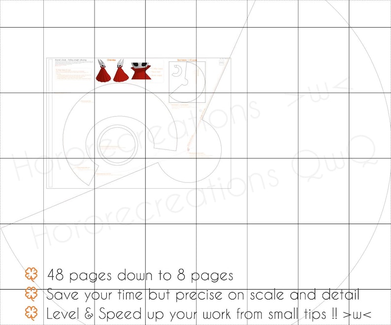 May include: A digital design template with illustrations of red figures and a crescent moon shape. Text includes "48 pages down to 8 pages" and "Save your time but precise on scale and detail". The design is on a grid background.