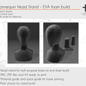 Op de afbeelding: Een 3D-model van een mannequin-hoofdstandaard gemaakt van EVA-schuim. Het model wordt in twee verschillende weergaven getoond. De standaard is ontworpen voor multifunctioneel gebruik en is klaar om te printen. De vermelding bevat PNG- en PDF-bestanden om te printen.